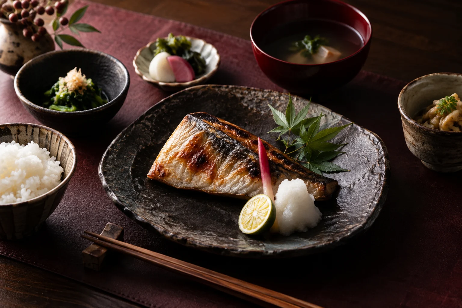焼き魚と季節の小鉢を添えた和食のイメージ