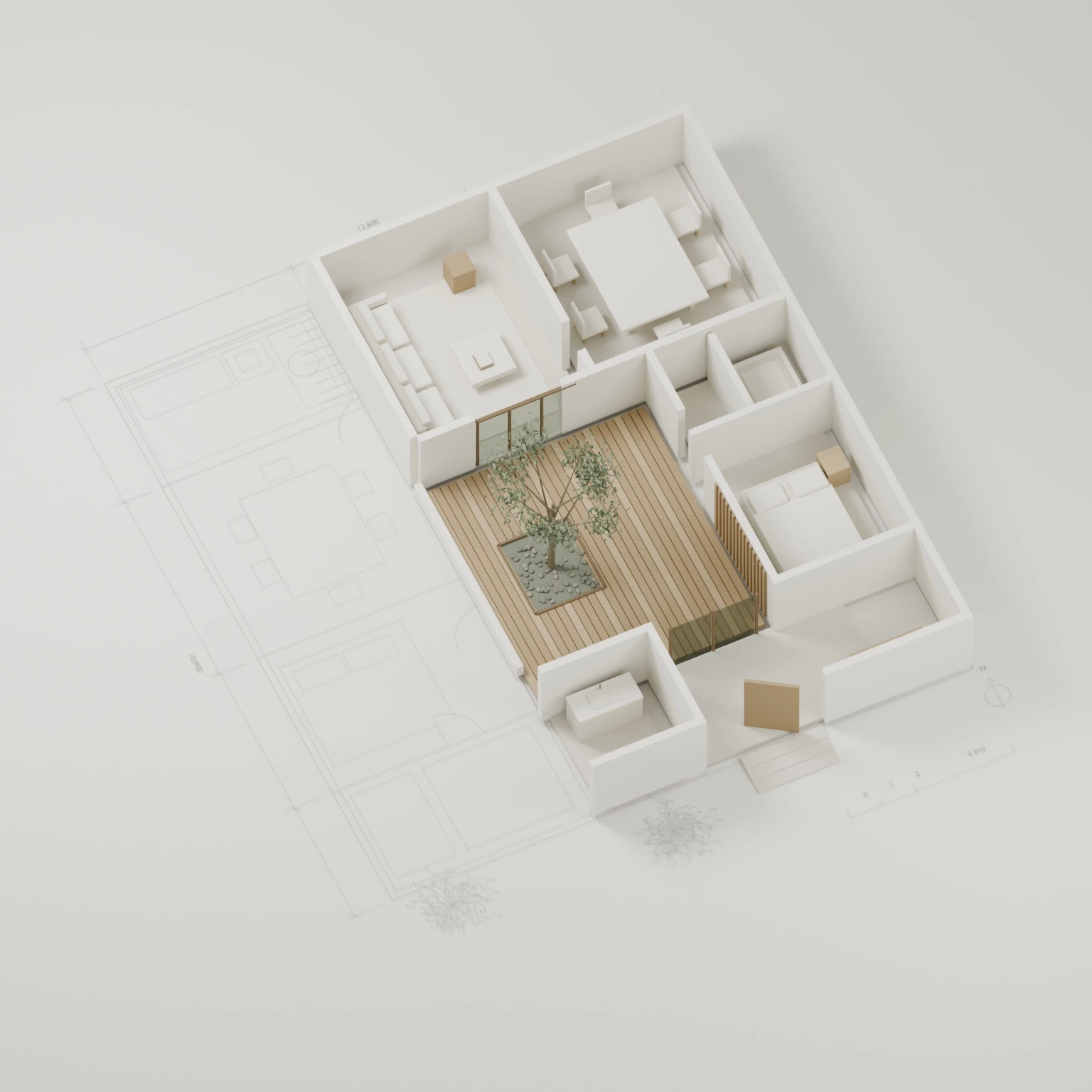 細い設計線から、庭を囲む白い建築模型が立ち上がる。